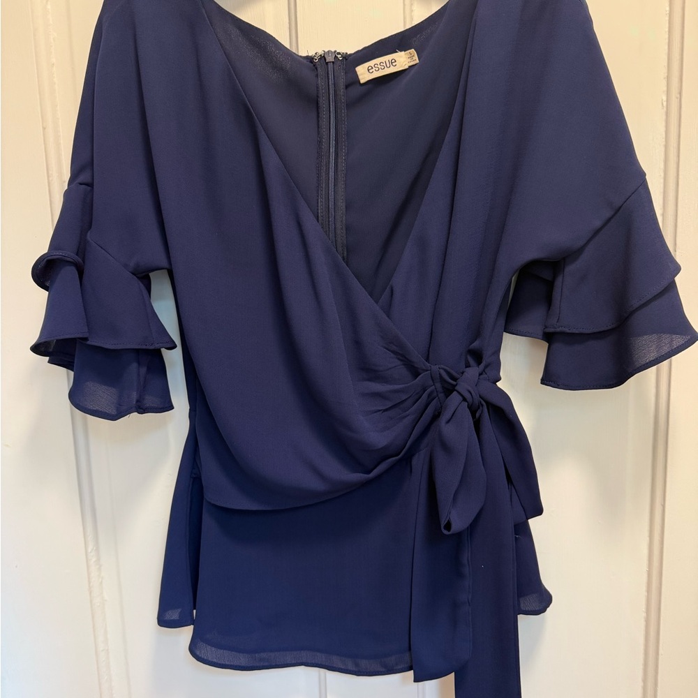 Essue Blue Flutter Sleeve Wrap Blouse